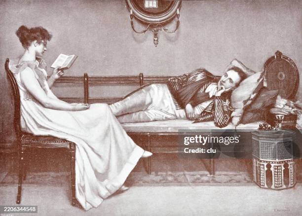 young woman reading a book to a man lying on a sofa - couple paperwork stock illustrations