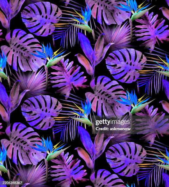 seamless pattern with tropical leaves and flowers - bird of paradise stock illustrations