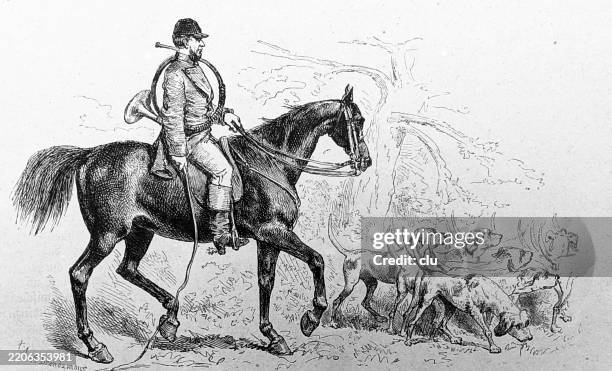 hunter on horseback with horn and dog pack - hunter stock illustrations