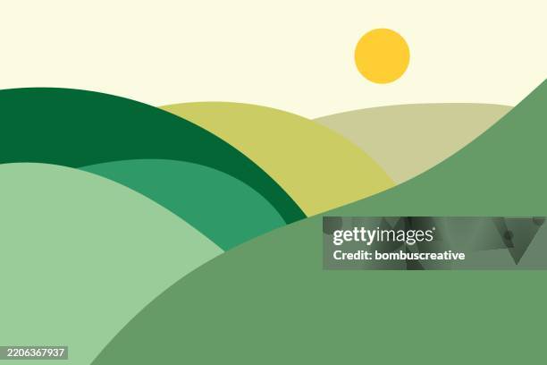 ilustraciones, imágenes clip art, dibujos animados e iconos de stock de paisaje de montaña y colinas con una puesta de sol - compuesto digital