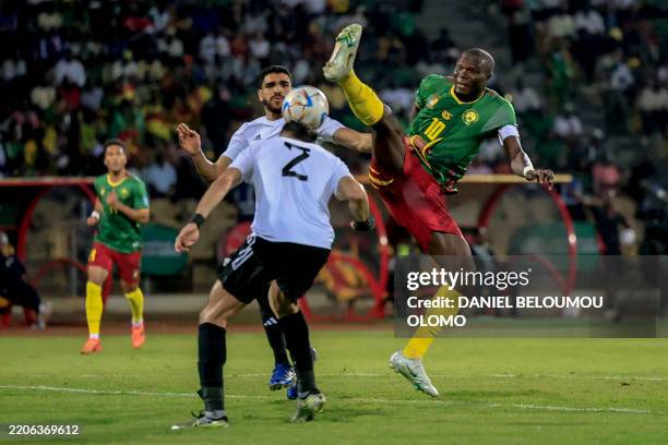 Cameroon's forward Vincent Aboubakar fights for the ball during the FIFA World Cup 2026 Africa qualifiers group D match between Cameroon and Libya at...