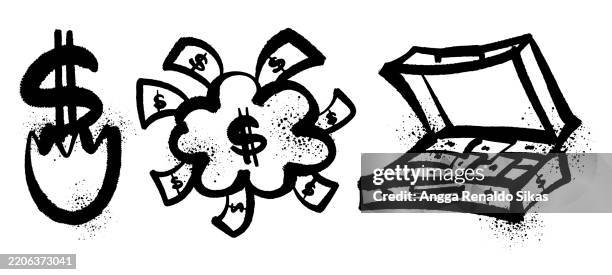 hatched egg and dollar sign, cloud with money, and suitcase containing money black graffiti spraypaint icon set - spray paint stock illustrations