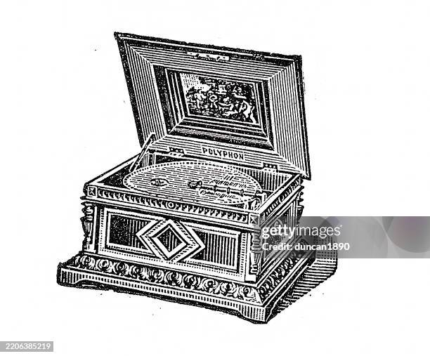 history of music, polyphon music box, victorian, vintage illustration, 1899, 19th century - music box stock illustrations