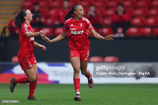Melanie Johnson of Nottingham Forest celebrates scoring her team's third goal with team mate Sophie Domingo during the FA Women's National League Cup...