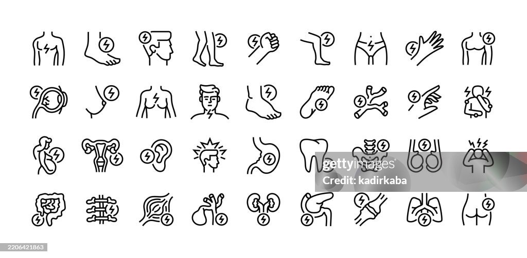 Pain line icon set. Group of object. Types of pain, chest, foot, headache, leg, wrist, arm, shoulder, toothache, joint and stress pain.