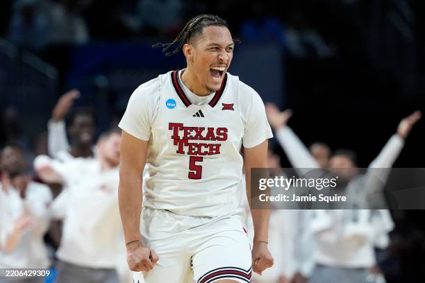 Darrion Williams of the Texas Tech Red Raiders reacts after making a three-point basket against the Drake Bulldogs during the second half in the...