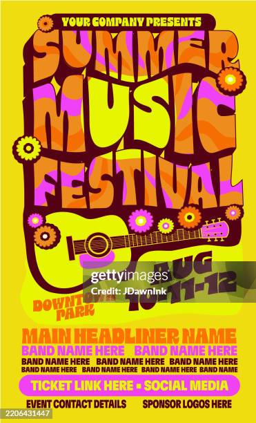 illustrations, cliparts, dessins animés et icônes de festival de musique d’été modèle de conception de typographie d’affiche de style hippie rétro avec guitare acoustique, fleurs et couleurs rvb vives formes abstraites - musique rock