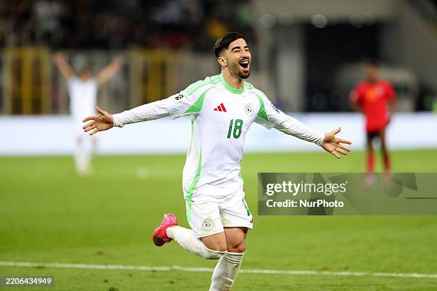 Algerian player Mohamed El Amine Amoura celebrates his goal during the 2026 FIFA World Cup qualifying match between Algeria and Mozambique in Tizi...