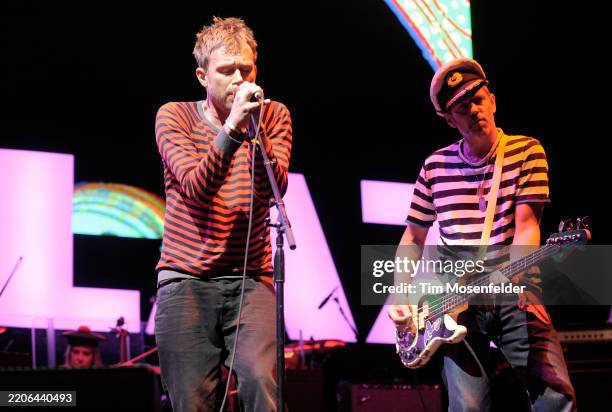 Damon Albarn and Paul Simonon of Gorillaz perform during Coachella 2010 at the Empire Polo Fields on April 18, 2010 in Indio, California.