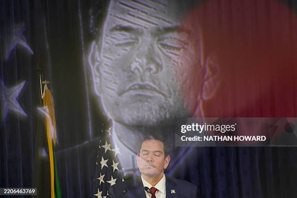Secretary of State Marco Rubio speaks during a joint press conference with Jamaican Prime Minister Andrew Holness in Kingston on March 26, 2025.