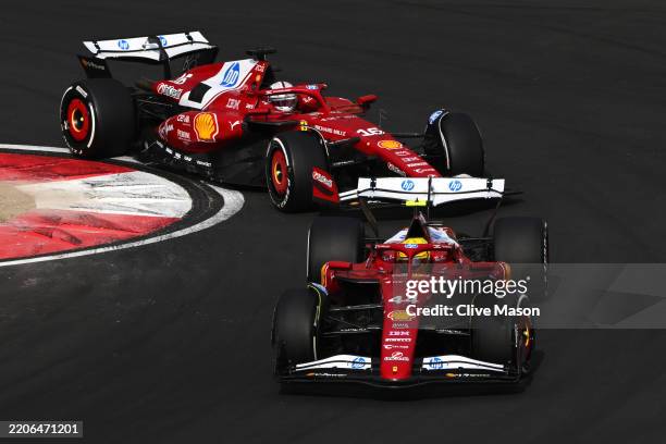 Lewis Hamilton of Great Britain driving the Scuderia Ferrari SF-25 leads Charles Leclerc of Monaco driving the Scuderia Ferrari SF-25 on track during...