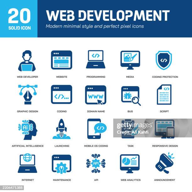 web development glyph solid icons. containing website, coding, web design solid icons collection. vector illustration. perfect pixel on clean white background - user experience designer stock illustrations