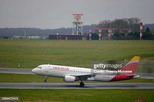 An Airbus A320 From Iberia flying from Madrid lands in Zaventem Airport on March 26, 2025 in Zaventem, Belgium. Iberia Líneas Aéreas de España, S.A....