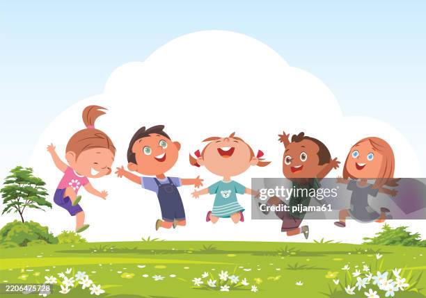 group of happy child jumping on meadow - child playing stock illustrations