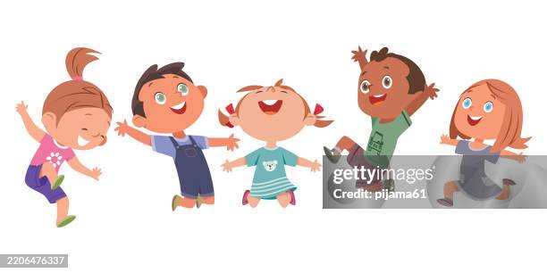 ilustraciones, imágenes clip art, dibujos animados e iconos de stock de happy multi ethnic kids jugando juntos - escuela preescolar