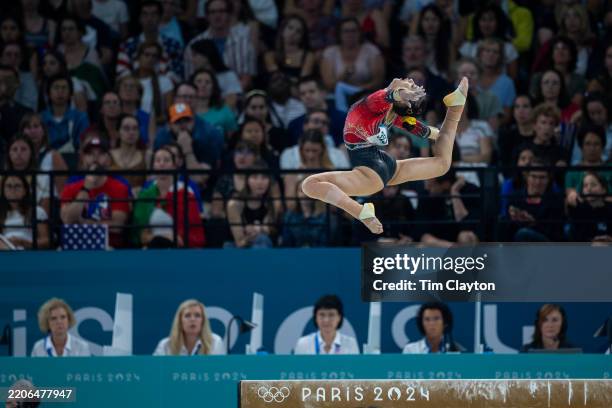 Qiu Qiyuan of China performs her balance beam routine during Artistic Gymnastics, Women's Qualification at the Bercy Arena during the Paris 2024...
