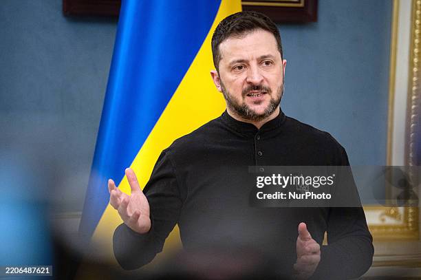 President of Ukraine Volodymyr Zelenskyy speaks during a press briefing on the results of the talks in Jeddah, Saudi Arabia, in Kyiv, Ukraine, on...