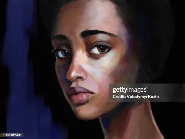 bildbanksillustrationer, clip art samt tecknat material och ikoner med painted textured portrait of a black woman using impasto technique - sad face happy face and black background
