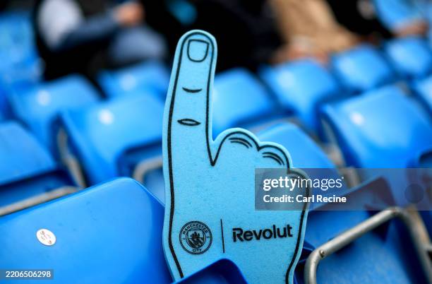 Detailed view of a foam finger in the stands prior to the Barclays Women's Super League match between Manchester City FC and Chelsea FC at Etihad...