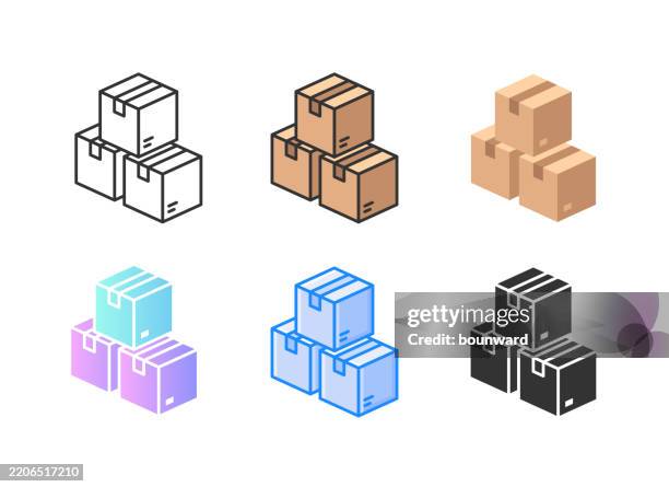 3d-pappkarton-symbole. 6 verschiedene stile. bearbeitbarer strich. - pappkarton stock-grafiken, -clipart, -cartoons und -symbole