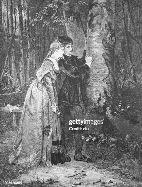 young couple in the forest, standing at a tree carve a heart into the tree bark - tree carving stock illustrations