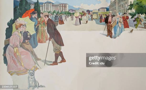 illustrazioni stock, clip art, cartoni animati e icone di tendenza di st. moritz, svizzera, eleganti persone dell'alta borghesia che passeggiano nei giardini termali - saint moritz