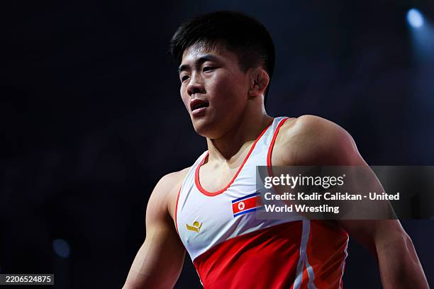 Se Ung Ri of Dpr Korea wins celebrateduring the 60kg Men's Greco-Roman Wrestling Final 1-2 during the Senior Asian Championships on March 26, 2025 in...