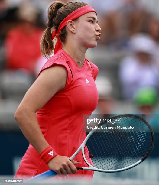 Karolina Muchova of the Czech Republic reacts against Elina Svitolina of Ukraine during their match at Hard Rock Stadium on March 23, 2025 in Miami...
