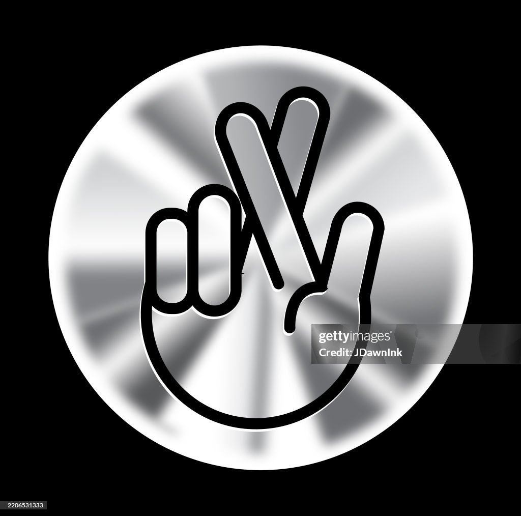 Retro 2000s style Y2K Style Holographic hand gesture wish good luck Sticker Label Design template on black background
