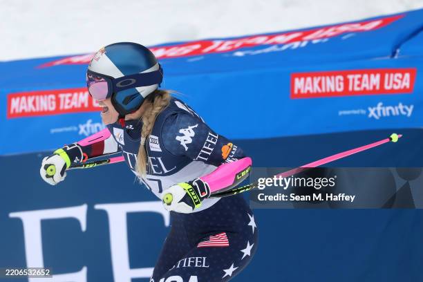 Lindsey Vonn of Team United States reacts after competing in the women's Super-G during the STIFEL FIS World Cup Finals at Sun Valley Resort on March...