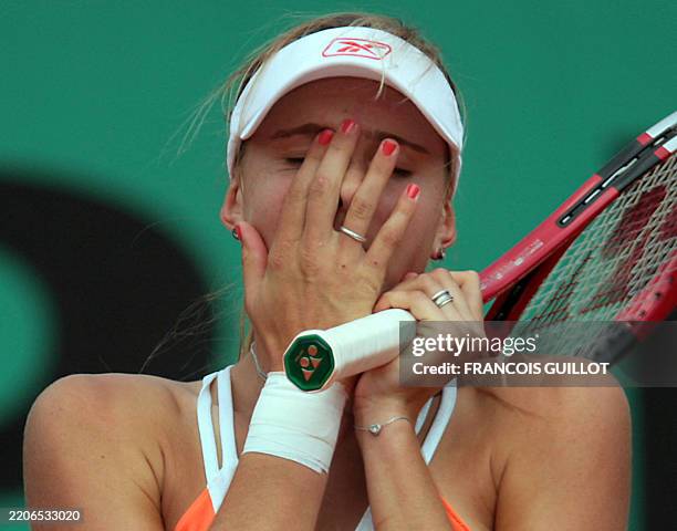Czech player Nicole Vaidisova reacts after loosing a point to Serbian player Jelena Jankovic during their French Tennis Open quarter final match at...