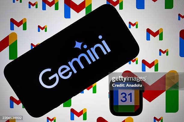 View of the Gemini logo displayed on a mobile phone screen, Google calendar logo displayed on a smartwatch and Gmail logo displayed on a digital...