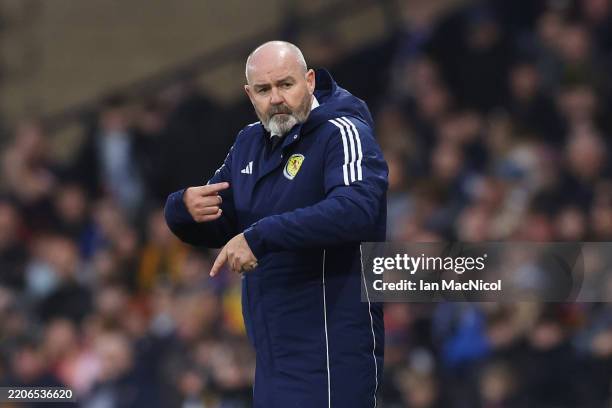 Steve Clarke, Head Coach of Scotland, reacts during the UEFA Nations League 2024/25 League A/B Play-offs Second Leg match between Scotland and Greece...
