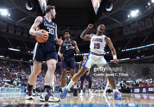 Alijah Martin of the Florida Gators reacts following a dunk during the second half in the second round of the NCAA Men's Basketball Tournament...