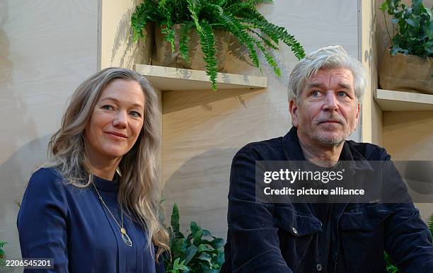 March 2025, Saxony, Leipzig: Maja Lunde , author and screenwriter from Norway, and Karl Ove Knausgard, author from Norway, sit on the podium at the...