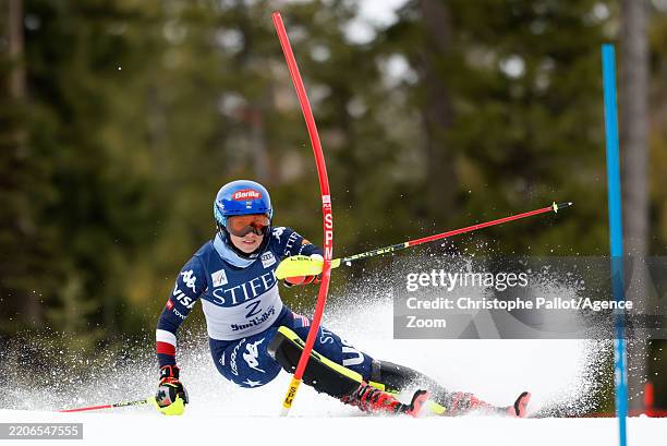 Mikaela Shiffrin of Team United States competes during the Audi FIS Alpine Ski World Cup Men's and Women's Slalom on March 27, 2025 in Sun Valley,...