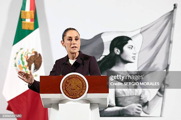 Mexico's President Claudia Sheinbaum speaks during her 'Mananera' daily press conference at Palacio Nacional in Mexico City on March 27, 2025. Mexico...