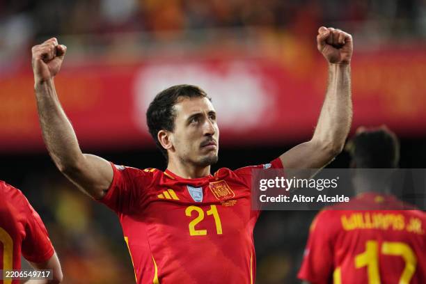 Mikel Oyarzabal of Spain celebrates scoring his team's first goal with during the UEFA Nations League Quarterfinal Leg Two match between Spain and...