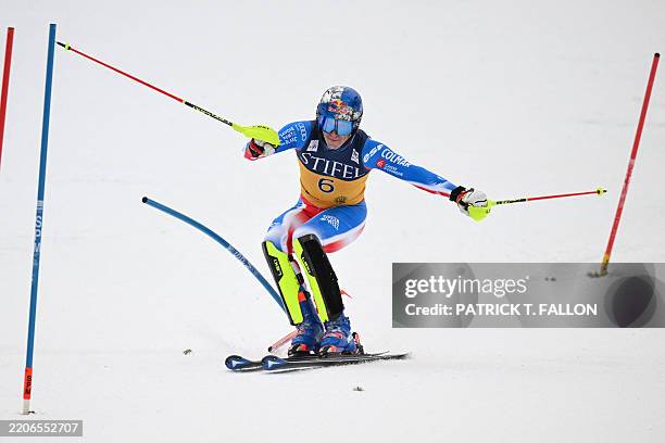France's Clement Noel competes in the men's Slalom event during the 2025 FIS Alpine World Cup Finals at Sun Valley Resort in Sun Valley, Idaho, on...