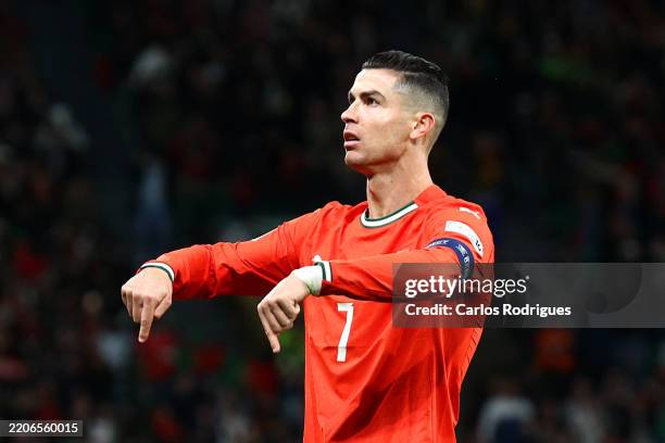 Cristiano Ronaldo of Portugal celebrates scoring his team's second goal during the UEFA Nations League Quarterfinal Leg Two match between Portugal...