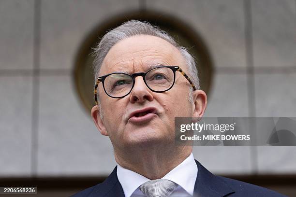Australia's Prime Minister Anthony Albanese speaks during a press conference at Parliament House in Canberra on March 28, 2025. Australia will hold a...