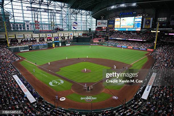 General view of the inside of the stadium from above during the game between the New York Mets and the Houston Astros at Daikin Park on Thursday,...