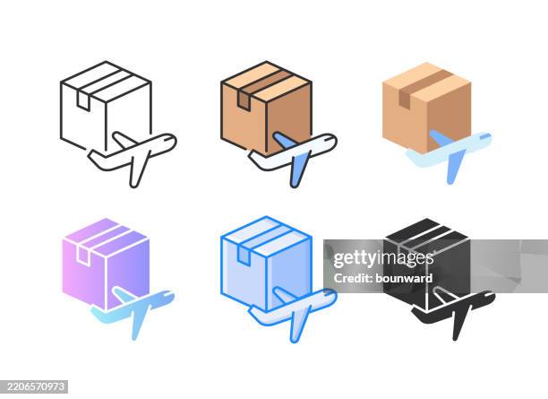 3d cardboard box with airplane icon. 6 different styles. editable stroke. - airplane icon transparent stock illustrations
