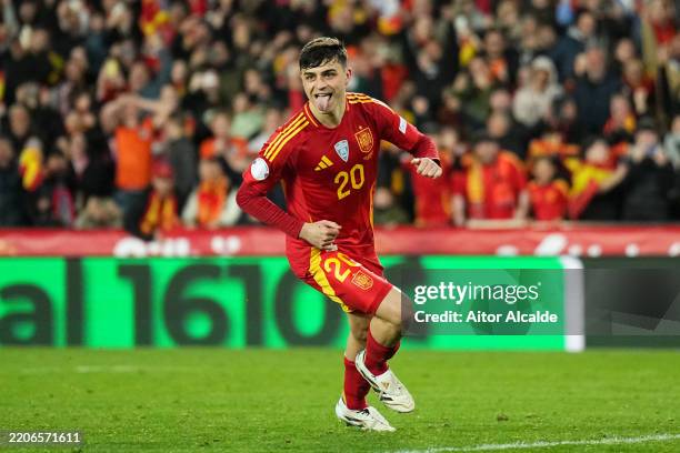 Pedri of Spain celebrates after scoring his side's sixth and decisive penalty in the penalty shoot out during the UEFA Nations League Quarterfinal...