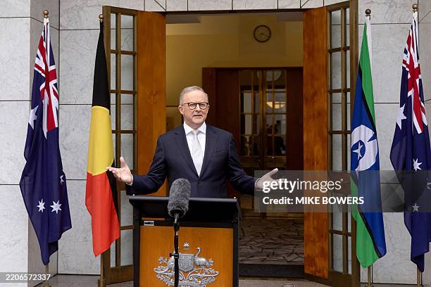 Australia's Prime Minister Anthony Albanese gestures as he speaks during a press conference at Parliament House in Canberra on March 28, 2025....