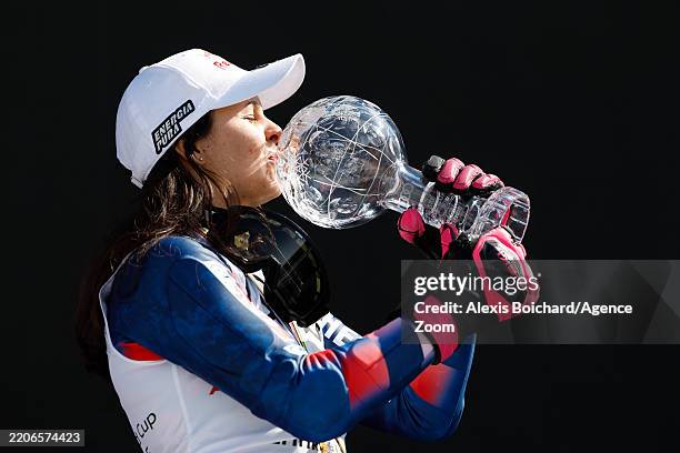 Zrinka Ljutic of Team Croatia wins the globe in the overall standings during the Audi FIS Alpine Ski World Cup Women's Slalom on March 27, 2025 in...