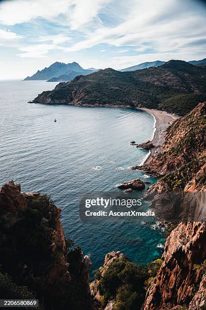 elevated view of rugged coastline and sea, corsica - corsica stock pictures, royalty-free photos & images