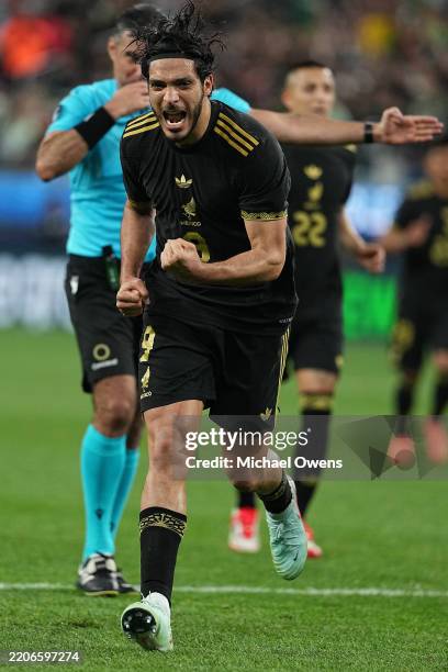 Raúl Jiménez of Mexico celebrates after being awarded a penalty kick against Panama during the second half the CONCACAF Nations League final match at...