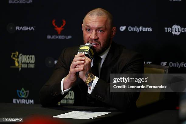 Conor McGregor interacts with media after BKFC 70 Hollywood at Hard Rock Live in Seminole Hard Rock Hotel & Casino on March 27, 2025 in Hollywood,...