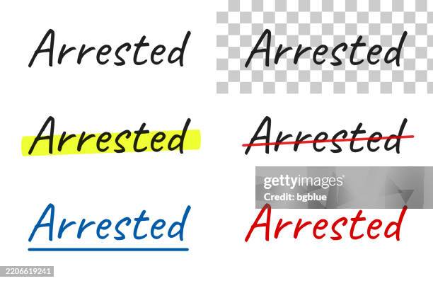 arrested - handwritten text, highlighted, crossed out, underlined on blank background - catch words stock illustrations
